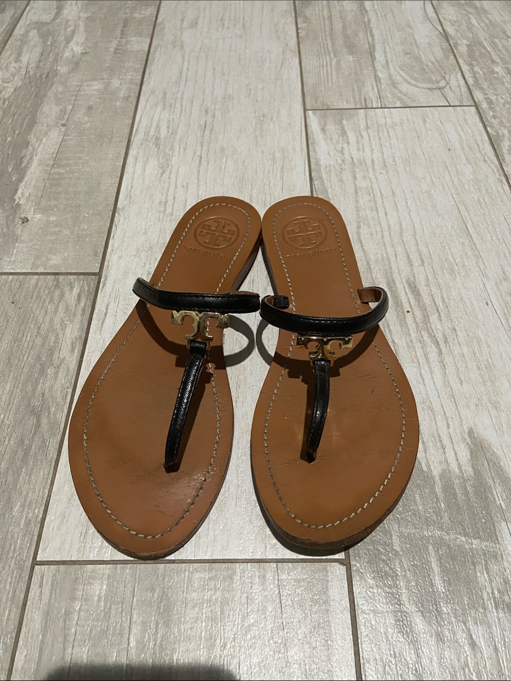 Tory Burch Black and Tan Leather T-strap Sandals with Gold Logo